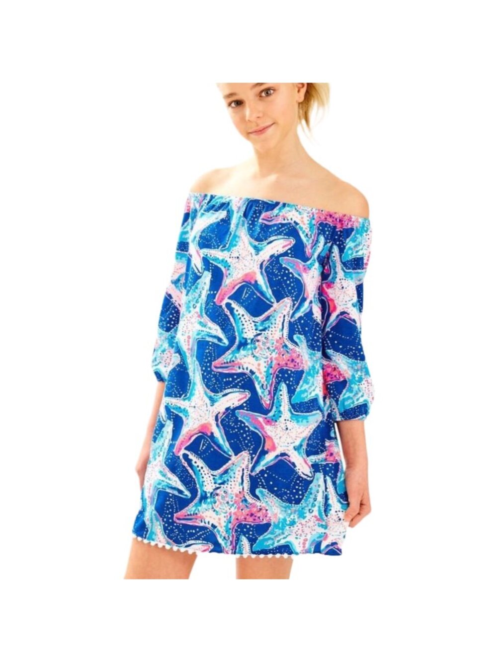 Lilly Pulitzer Dress Girls XL 12-14 Mini Enna Blue Starfish Off Shoulder Preppy